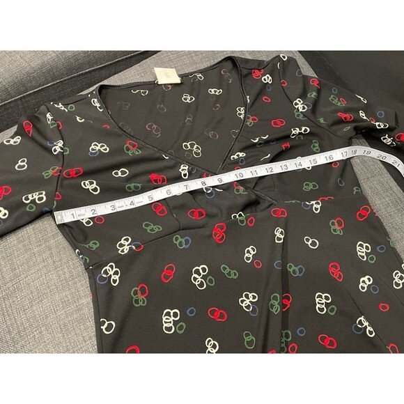 Esprit de Corp Vintage Wrap Style Black with Print Midi Dress Sz L - Picture 5 of 7